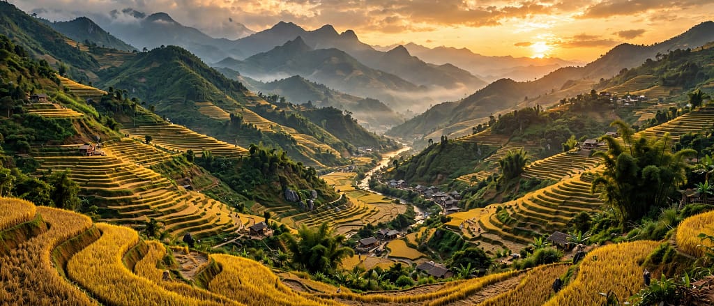 rizières en terrasse Sapa Vietnam vallée Muong Hoa saison dorée