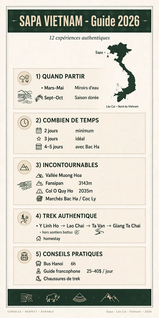 Infographie Sapa Vietnam 2026 - Quand partir, combien de temps, incontournables, trek authentique